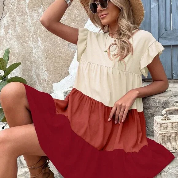 Multicolor boho Women's Colorblock Round Neck Casual Loose Mini Dress - Picture 5 of 6